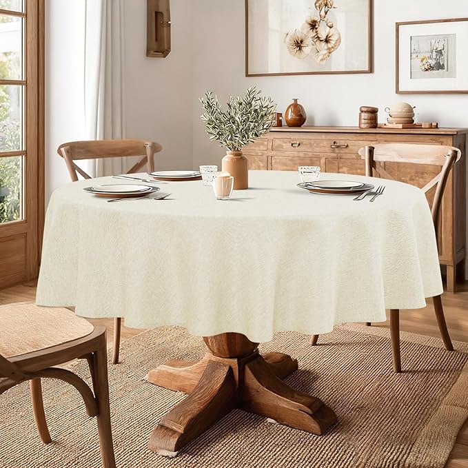 JIUZHEN Faux Linen Round Tablecloths 84 inch, Decorative Wrinkle Free Texture Rustic Circle Table Cloth Cover for Kitchen, Dining, Party, Wedding, Outdoor Use (84 Inch Round,Champagne)