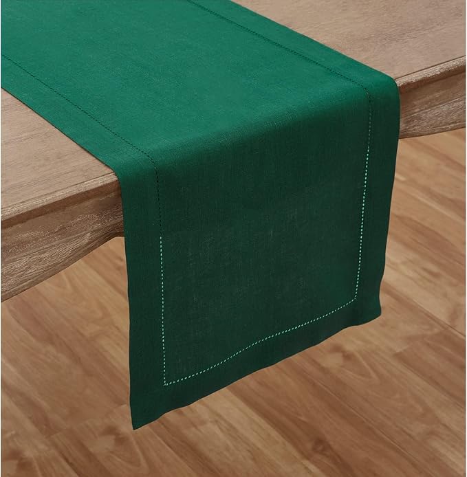 Solino Home Linen Rainforest Green Table Runner 144 Inches Long - 100% Pure Linen Extra Long Table Runner 14 x 144 Inch for Winter, St Patricks Day - Classic Hemstitch