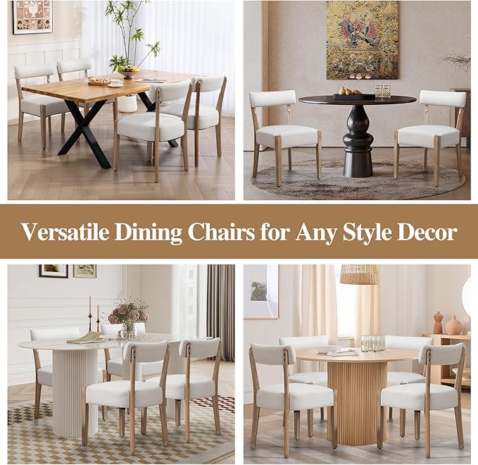 Dining Chairs,8 Pack Mid-Century Modern Wooden Kitchen Chairs with Linen Upholstery - Low-Back Woven Design for Kitchen & Dining Room,Beige Fabric