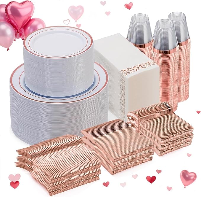 Goodluck 700 Piece Rose Gold Dinnerware Set for 100 Guests, Plastic Plates Disposable for Party, Include: 100 Dinner Plates, 100 Dessert Plates, 100 Paper Napkins, 100 Cups, 100 Silverware Set
