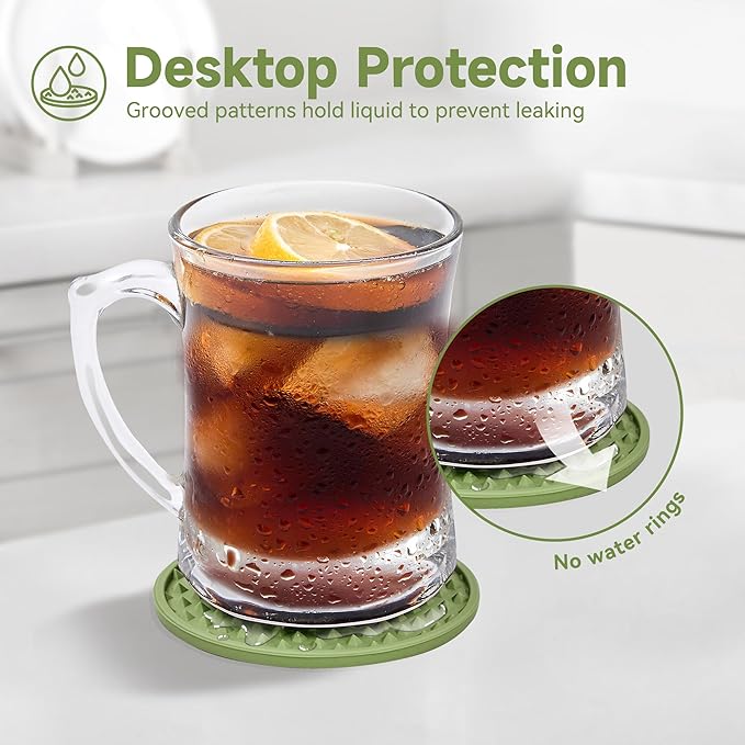 Coasters for Drinks, Silicone Coasters Set of 12 with ABS Holder, Outdoor Coaster for Coffee Table, Non-Slip Rubber Table Cup Mat Desk, Heat Resistant & Scratch-Proof (Green)