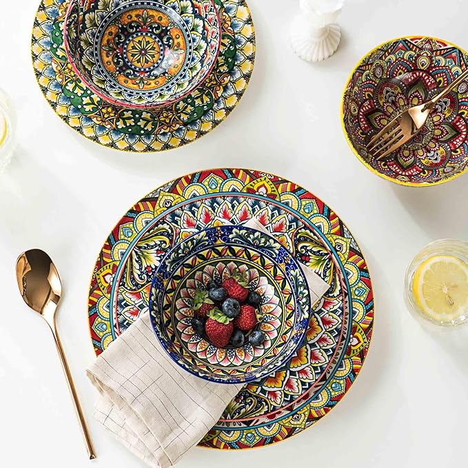 Henten Home Ceramic Soup Bowls Set of 4, Bohemia 22 oz Cereal Bowls Set, Porcelain Serving Bowls for Dinner, Salad, Pasta, Fruit, Decorative, Microwave & Dishwasher Safe