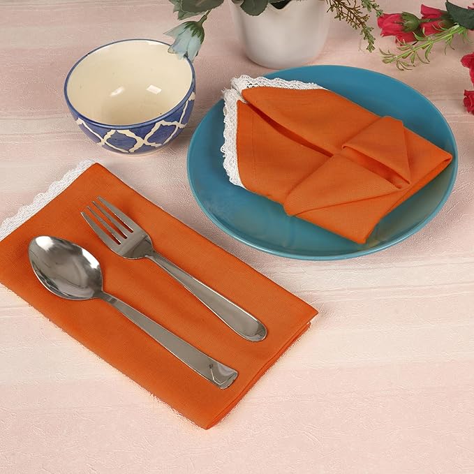 FINGERCRAFT Dinner Cloth Napkin Cotton Linen Blend 4 Pack Mitered Corners with Elegant Lace for Everyday Use Napkins are Pre Shrunk and Good Absorbency Rust