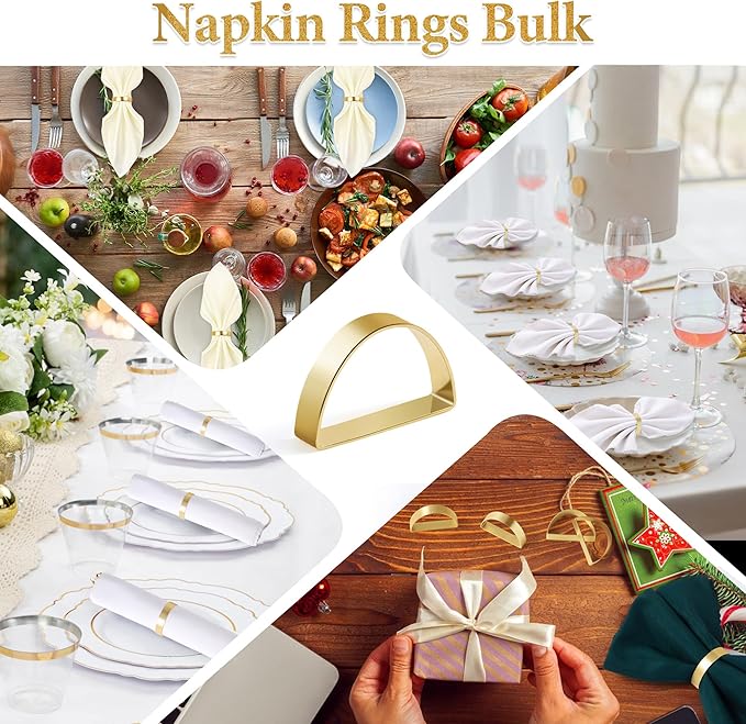 Gold Napkin Rings Set of 24, Stainless Steel Metal Gold Napkin Holder, Fall Thanksgiving Christmas Easter Napkins Rings for Table Decor Wedding, Banquet, Party