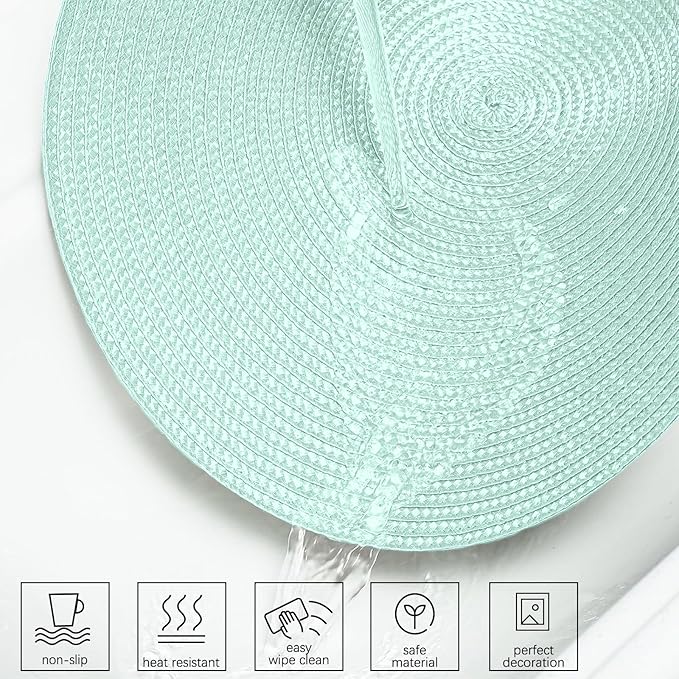 AHHFSMEI Round Braided Placemats 15 Inch Round Table Mats for Dining Tables Natural Woven Heat Resistant Place mats Set of 8 (Mint Green)