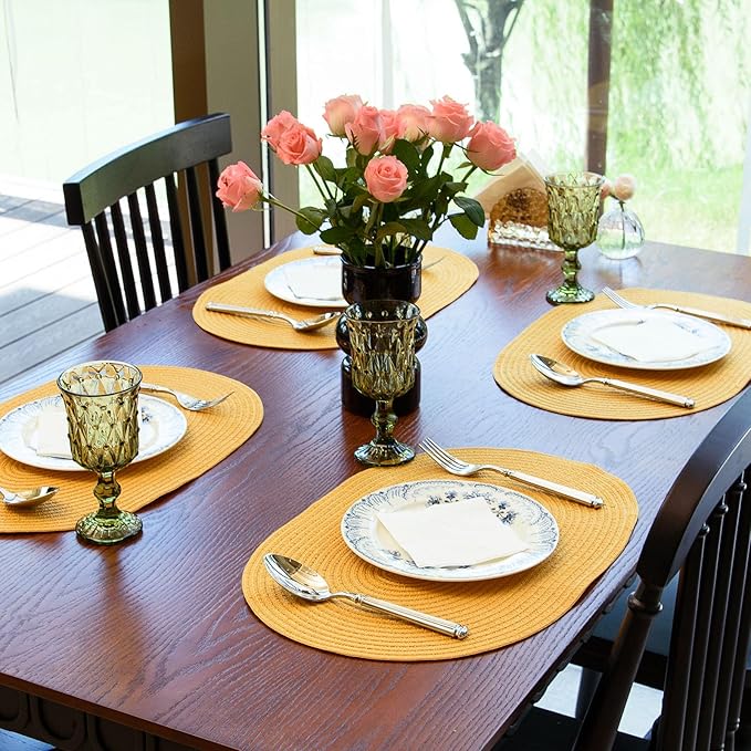 Noctiflorous Oval Braided Placemats Set of 8 Woven 12x18 Inch Non Slip Washable Heat Resistant Place Mats Round Tablemats for Dining Kitchen Party Daily Table Decor Dinner Mats (Solid Yellow, 8)