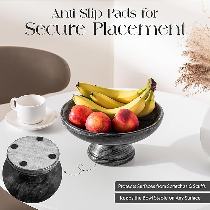Decorative Marble Bowl with Anti-Slip Pads, Large Countertop Centerpiece and Modern Catch All Bowl for Entryway Keys - Elegant Large Fruit Bowl, Black, ~10"