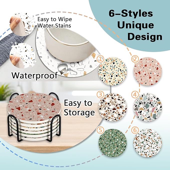 Terrazzo Ceramic Coasters with Holder Set of 6, Colorful Modern Art Absorbent Drink Cup Mat for Coffee Table Protection, 4 Inches Minimalist Artistic Home Kitchen Decor Housewarming Gifts