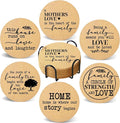 Coasters for Drinks with Holder Set of 6, Family Coasters Home&Love Coaster for New Home Couples House Warming Gifts Absorbent Cork Wood for Cup Desk Coffee Table Office Kitchen Decor, Round 4"