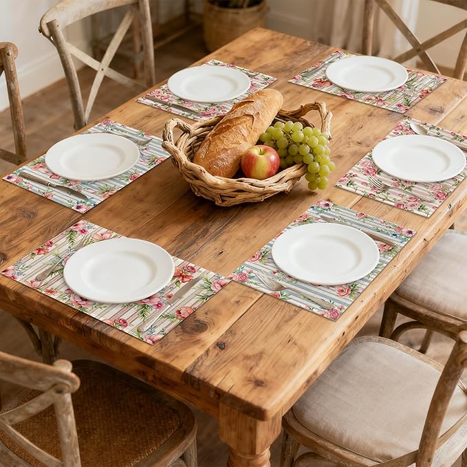 Table Placemats Set of 6, Waterproof Linen Fabric, Non-Slip Backing & Easy Clean, Elegant Dining Table Protectors for Family and Guests(Vintage Floral Countryside)