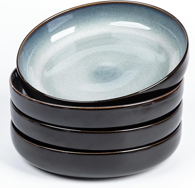 LERATIO 8.5'' Large Ceramic Pasta Bowls, 36oz Pasta Serving Bowls Set of 4 for Kitchen, Wide Bowls for Fruit,Pasta,Salad,Oatmeal,Meal, Microwave Safe, Reactive Glaze-Gray White