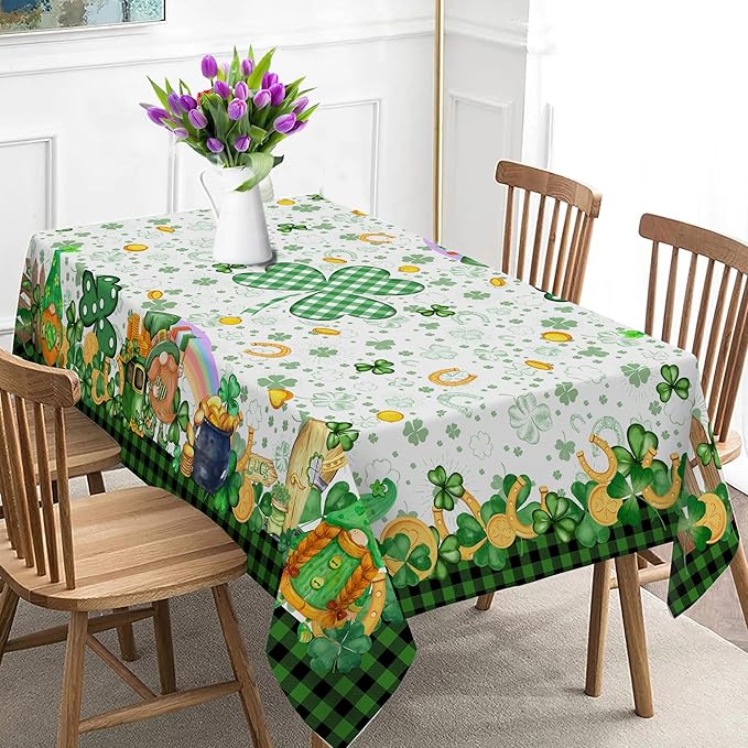St. Patrick's Day Tablecloth, Rectangular 60 x 84, Polyester, Waterproof, Wrinkle Resistant, Heat Stain Resistant, Shamrock Gnome Leprechaun Design, Fits 4-8 People