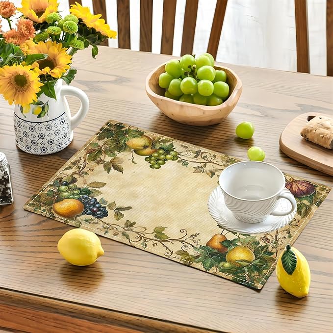 Fruit Placemats Set of 6, Fruits Grape Table Mats, Washable Place Mats for Home Party Indoor Kitchen Dining Table Decoration 12x18 Inch