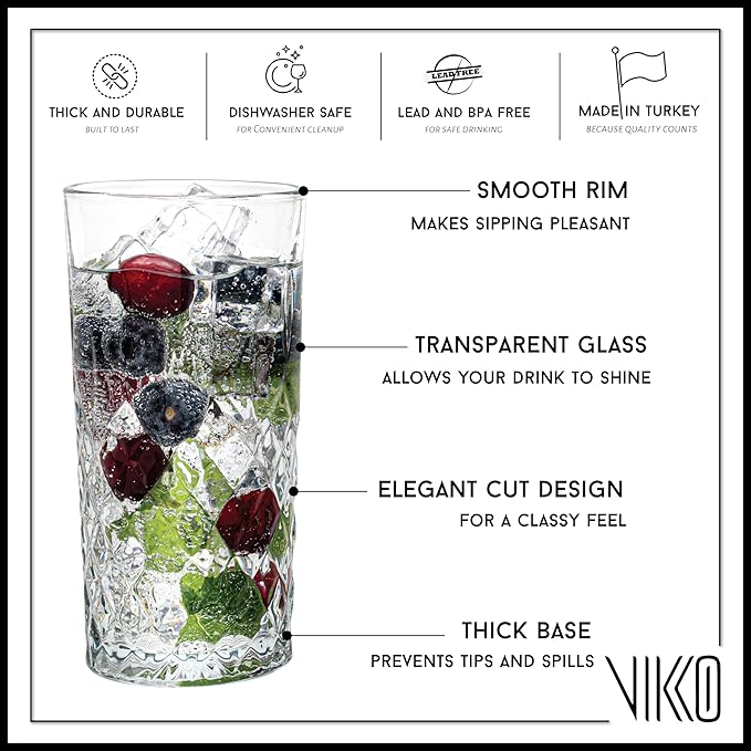 Vikko Drinking Glass, Set of 6 Crystal Style Tall Beverage Glasses, 12.25 Ounce Old Fashioned Highball Glasses, Dishwasher Safe Textured Collins Glass