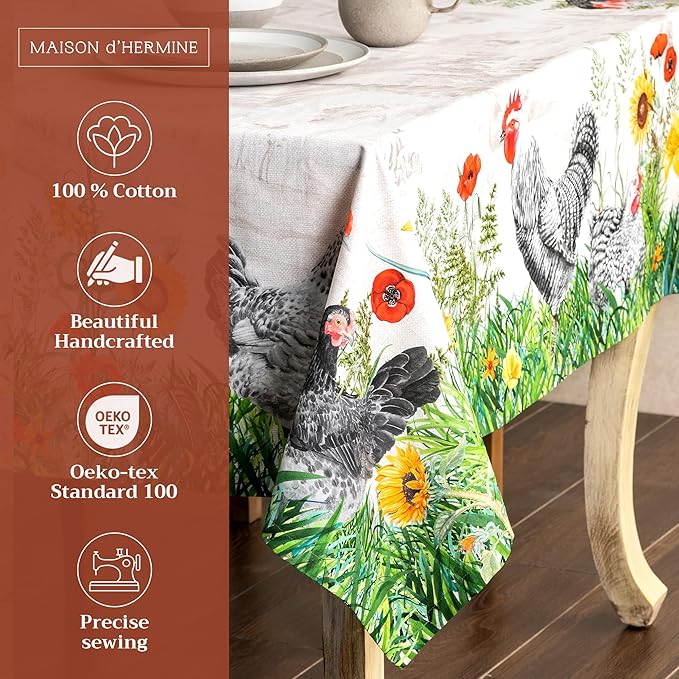 Maison d' Hermine Table Cloth Rectangle Table 100% Cotton 60 x 120 Inches Tablecloth Reusable Decorative for Dining Room Farmhouse Home Valentines Day Decorations Spring Summer - Basse Cour