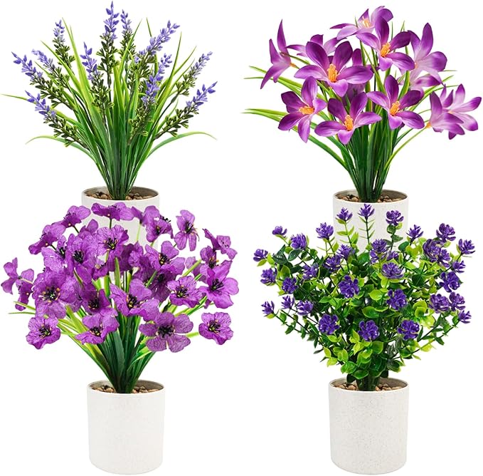 4 Packs Artificial Pot Flowers, Mini Purple Fake Potted Flowers Small Faux Plants Indoor for Home Office Bathroom Farmhouse Tabletop Spring Decor