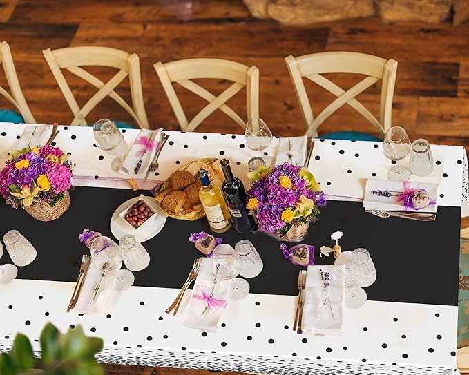 Oudain 3 Pcs White and Black Tablecloth for Parties Plastic Dot Tablecloths Printed Table Runner Waterproof Disposable Rectangle Table Cover for Christmas Birthday Wedding Party, 54" x 108"