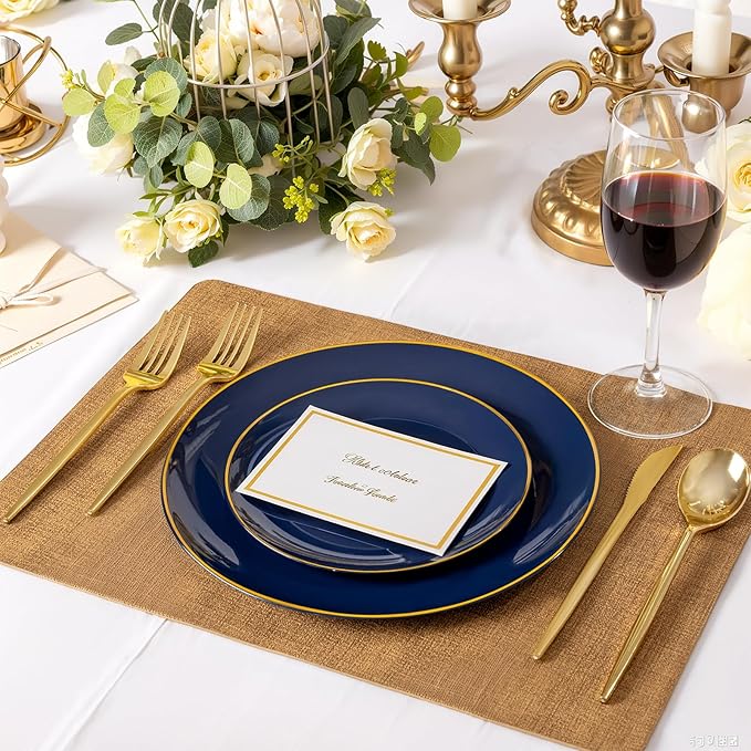 bUCLA 100PCS Blue Plastic Plates - Navy Blue Disposable with Gold Rim, Include 50 Each (10 inch Dinner & 7 inch Dessert) Plates, Ideal for Party and Hanukkah