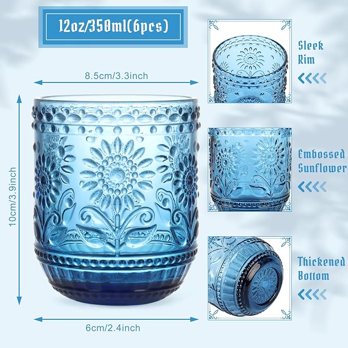 Topsky Vintage Drinking Glass Set of 6,12 oz Embossed Floral Decorative Glassware Set,Glass Cups Wine Glasses Beverages Tumblers Colored Glassware for Whisky,Beer,Juice,Cocktail,Heavy Duty