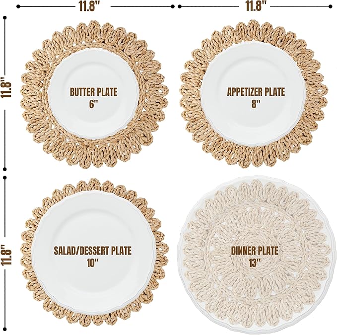 11.8" Corn Husk Woven Round Placemats Set of 6 - Wicker Boho Farmhouse Placemats - Rattan Table Mats Like Water Hyacinth for Dining Table, Wedding, Home