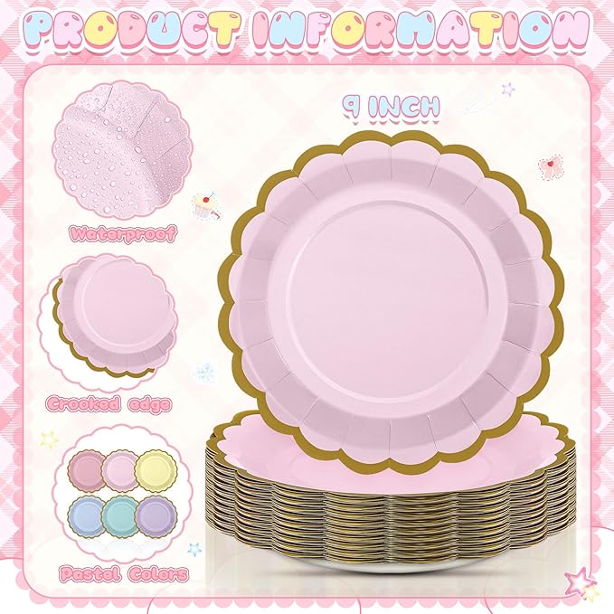 48 Pcs Pastel Rainbow Paper Plates 9 Inch Gradient Color Scalloped Paper Disposable Dinner Dessert Plates for easter Birthday Wedding Bridal Party Supplies, 6 Colors
