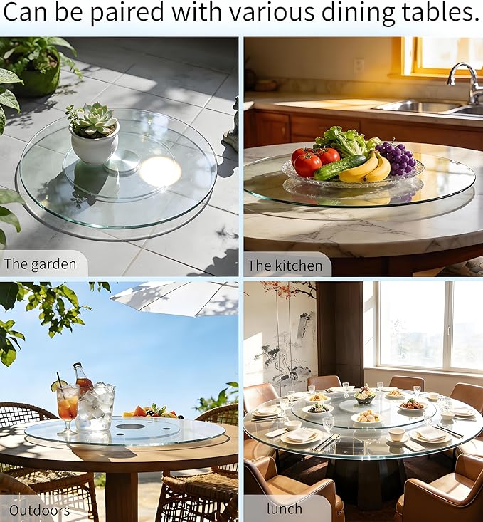 24" Glass Lazy Susan for Dining Table, Glass Turntable Table Centerpiece with 6 Rotating Wheels, 360° Smooth and Silent Spin Tabletop Rotating Tray, for Family Gatherings, Banquets, Weddings, 61 cm