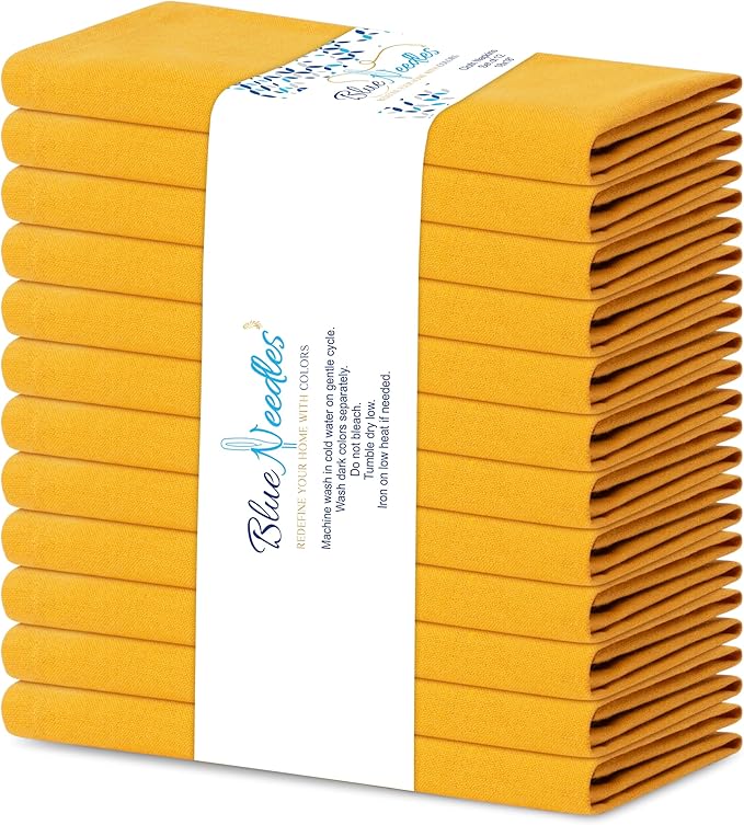 Blue Needles Solid Cloth Napkins Set of 12 Golden Yellow 100% Cotton Dinner Napkins 18x18 inches - Soft, Reusable, Absorbent & Washable Linen Ideal for Wedding Events, Parties & Everyday Use