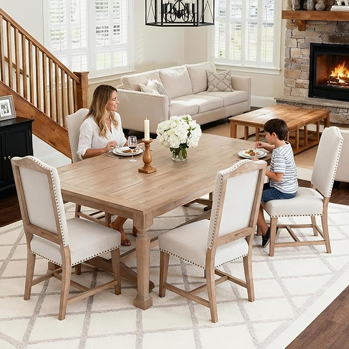 CIMOTA Mid Century Modern Dining Chairs Set of 2, Farmhouse Upholstered Dining Room Chairs Comfortable Kitchen Side Chairs with High Back/Natural Solid Wood Frame, Linen Beige