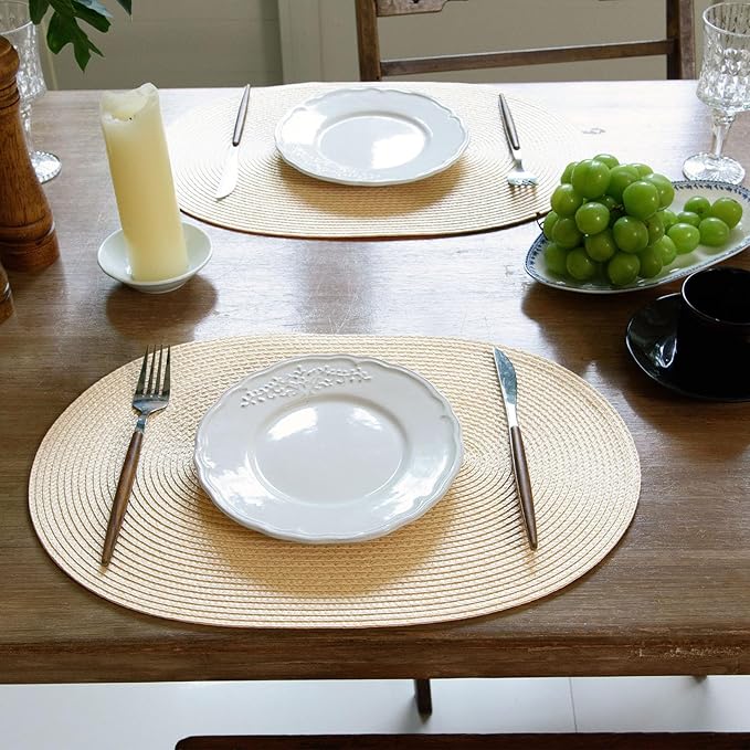 FunWheat Oval Braided Placemats Set of 6 Table Mats for Dining Tables Washable Heat Resistant Place Mats for Indoor Outdoor Use 12 x18 Inch(Oval Beige, 6pcs)