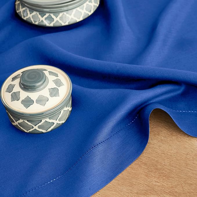 Solino Home Linen Royal Blue Table Runner 72 Inches Long - 100% Pure Linen Hemstitch Table Runner 14 x 72 Inch for Dresser, Dining, Spring - Classic Hemstitch