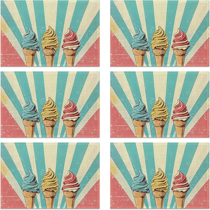 Vintage Ice Cream 12x18 Inch Placemats Set of 6 - Waterproof, Non-Slip & Washable Table Mats for Kitchen & Dining Table Placemats