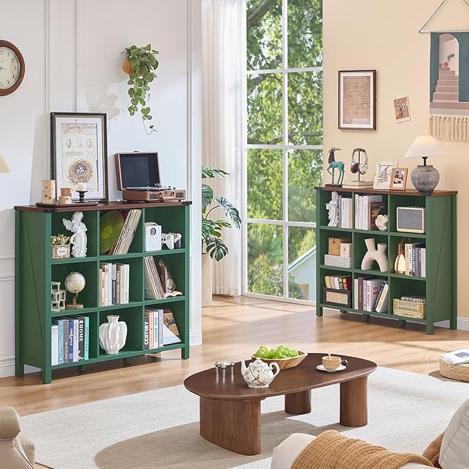 9 Cube Storage Organizer, Farmhouse 47 Inch Wide Vintage Green Bookshelf, Wooden 3 Tier Display Large Open Book Shelf, Rustic Bookcase for Home Office, Cubby Storage Cabinet for Living Room
