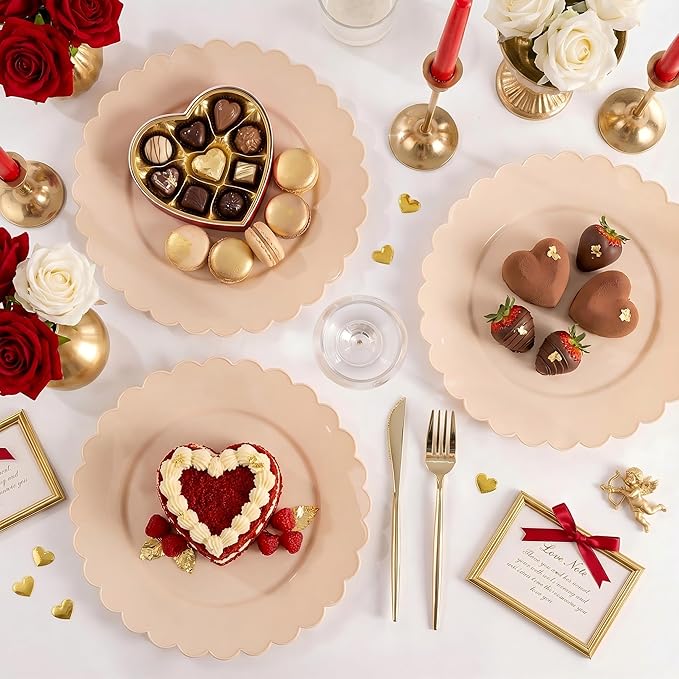 SUT 72-Count Pink Plastic Plates Disposable 7.5 Inch - Scalloped Edge Dessert Plates for Valentine’s Day, Parties, Birthdays, Weddings | Lightweight & Durable Disposable Dinnerware (72 Pack)