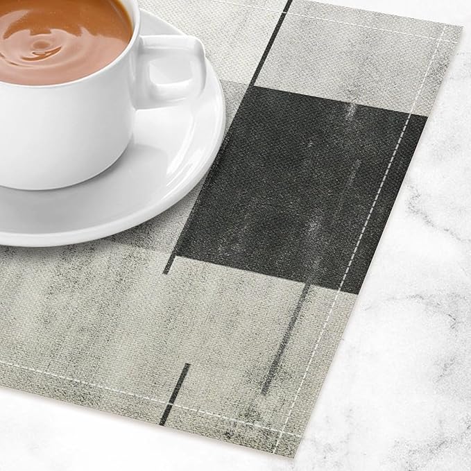 Gradient Placemat Set, Modern Minimal Black White Grey Abstract Geometric Shape Line Patchwork Pattern Home Decor Linen Table Mats for Dining Room Kitchen Party (17x12in) x6P