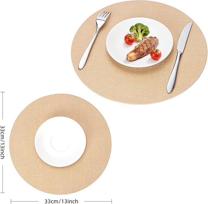Round Wipeable Placemats Set of 2 – Faux Leather Round Table Mats, Waterproof & Washable Vinyl Placemats, Circle Design for Dining Table Decor– Warm Tan