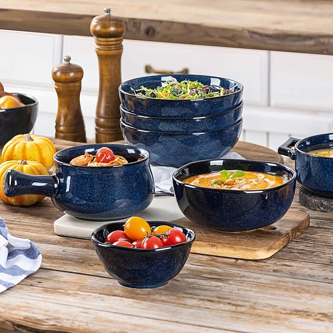 vicrays Ceramic Cereal Bowls - 26 Ounce Porcelain Soup Salad Rice Dessert Cream Set - Chip Resistant Dishwasher Microwave Safe - Set of 6 (Blue)