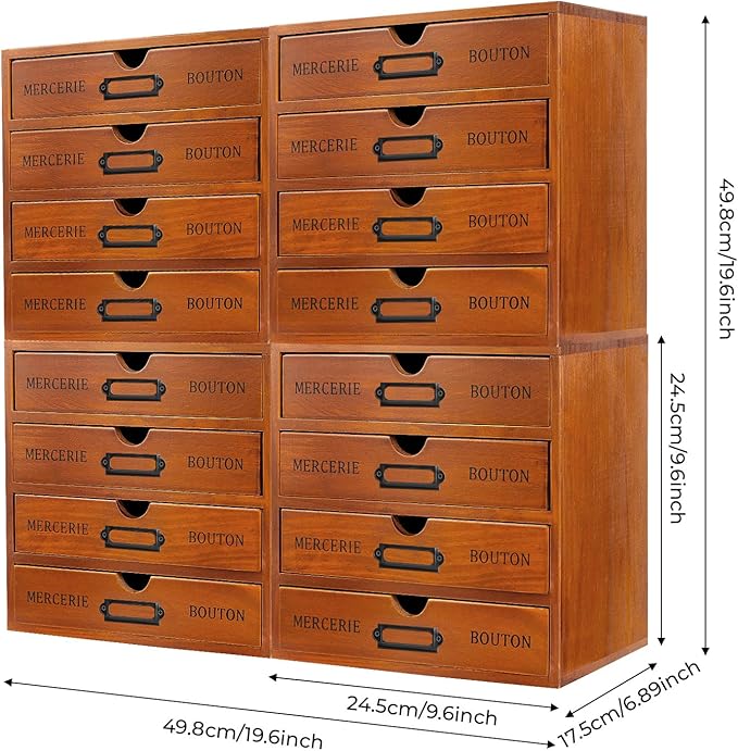 4PCS Stackable Wooden Desk Organizer with Total 16 Drawers, Apothecary Cabinet Library Card Catalog Cabinet Tabletop Vintage Apothecary Chests Cabinets Herb Storage Box with Drawers
