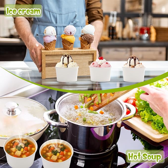 Fulmoon 100 Pack Paper Soup Containers with Lids Disposable Paper Food Containers with Vented Lid Kraft Ice Cream Cake Dessert Cups Soup Bowl for Party Hot Food Fruit Microwave(5 oz,White)