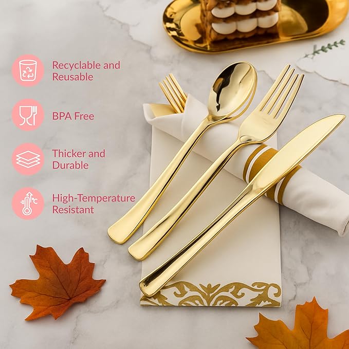 Prestee 400 Pieces Gold Silverware Set for 100 Guests - Premium Pre Rolled Disposable Plastic Silverware Set with Napkins - Wrapped Utensils with Forks, Knives, Spoons, Napkins for Weddings and Events
