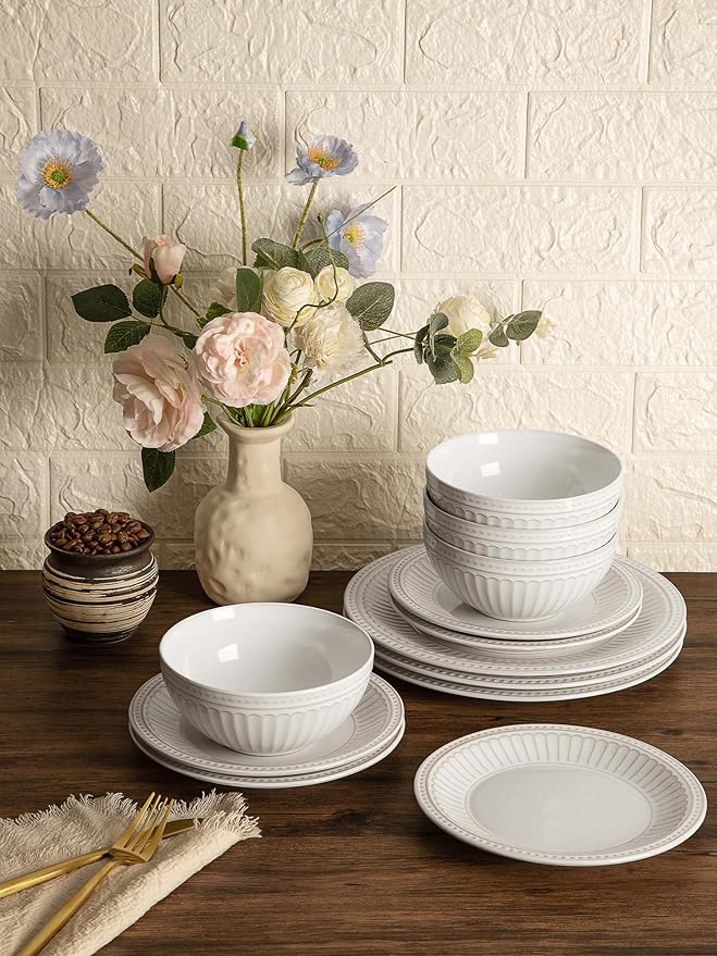 Famiware Garden Plates and Bowls Set, 24-Piece Dish Set for 8, Scratch Resistant Stoneware Dinnerware Set, Embossed Ceramic Tableware - Microwave and Dishwasher Safe, Reactive Glaze White