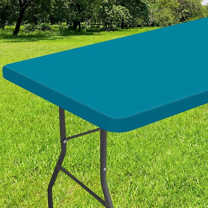 Smiry Rectangle Tablecloth, Elastic Fitted Flannel Backed Vinyl Tablecloths for 8ft Folding Tables, Waterproof Wipeable Table Covers for Indoor, Outdoor, Picnic and Camping (Turquoise, 30"x96")