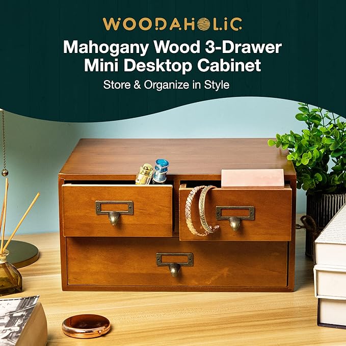 Vintage Desktop Apothecary Cabinet with 3 Drawers - Solid Wood Medicine Cabinet for Tabletop - Rustic Card Catalog Drawers with Label Holders - Desktop Chest Drawer for Storage and Organization