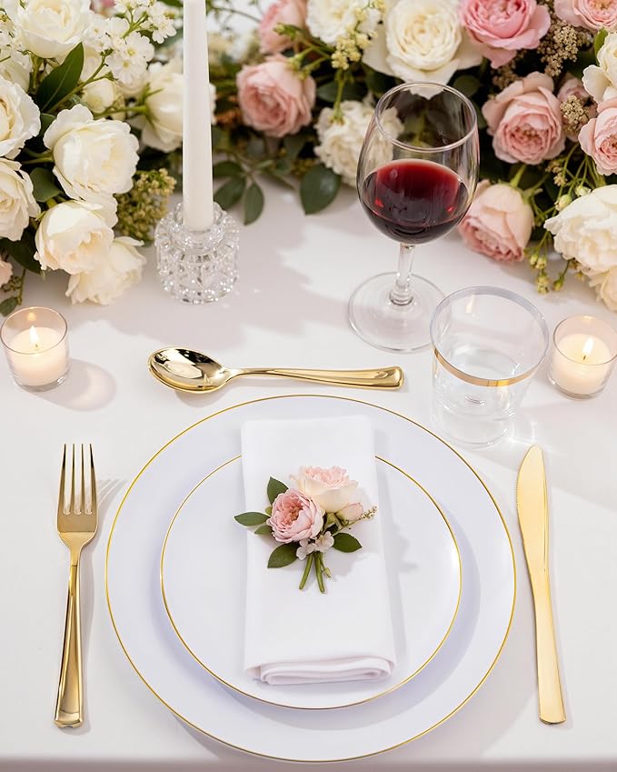 Nervure 100 Pieces Gold Plastic Plates - 10.25 inch Gold Dinner Plates - Heavyweight White and Gold Disposable Plates Ideal for Wedding & Party