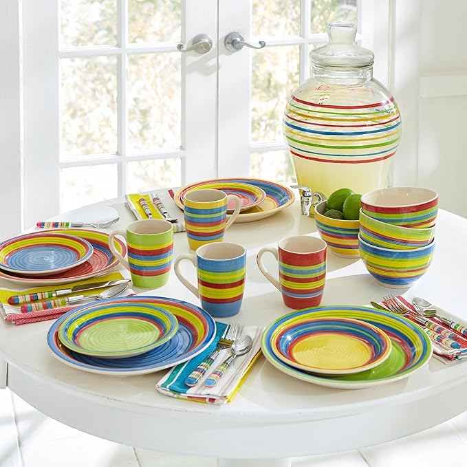 BrylaneHome 16 Piece Santa Fe Dinnerware Set (Service for 4), Includes Dinner & Salad or Dessert Plates, Bowls, Mugs, Colorful Stripe Southwestern Fiesta Pattern - Multi Stripe