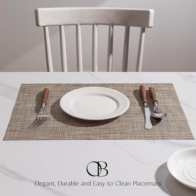 Placemats Set of 12 - Easy Clean Woven Vinyl Placemats for Dining Table, Indoor/Outdoor Place Mats, Washable PVC Table Mats（Caramel）