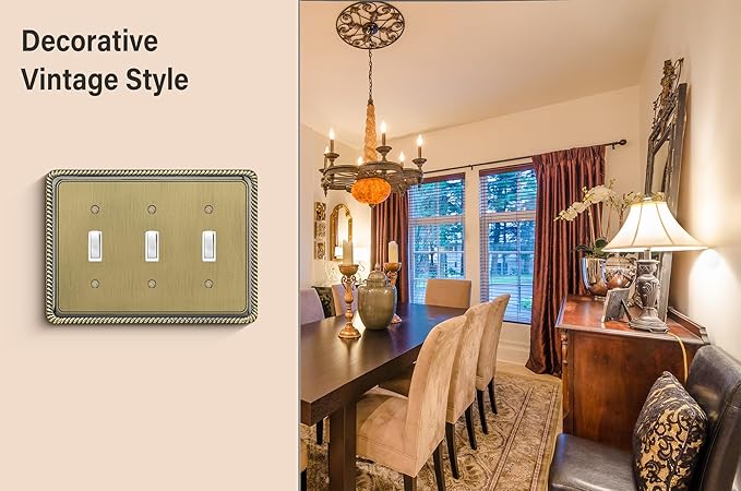 Henne Bery Rope Edge Decorative Wall Plate Switch Plate Outlet Cover (Triple Toggle, Antique Brass)