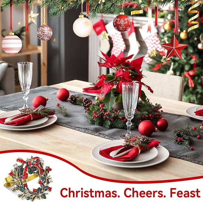 ZeeDix Christmas Wreath Napkin Rings Set of 8, Rhinestone Holiday Christmas Napkin Ring Holders for Cloth Napkins, Xmas Napkin Rings for Thanksgiving Holiday Dinner Parties
