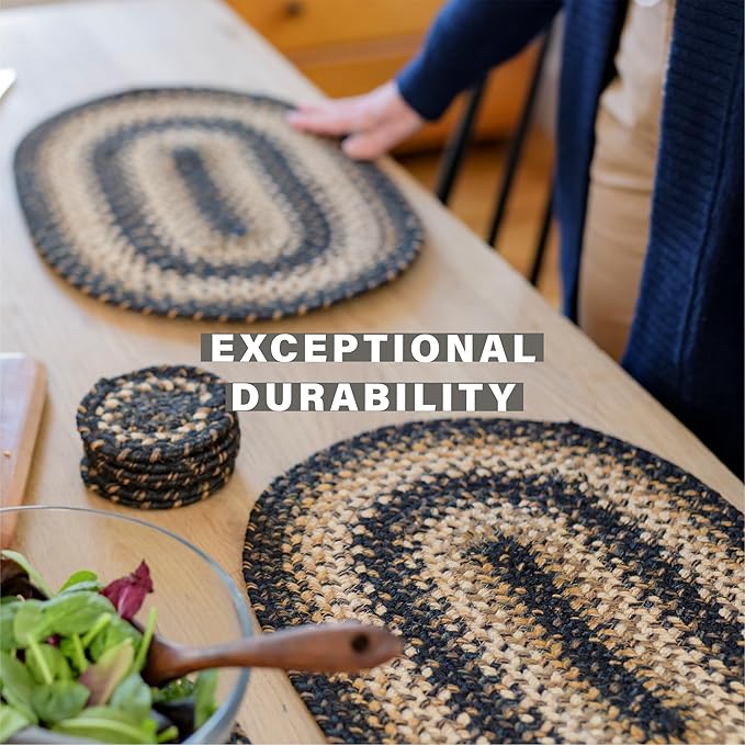 Homespice Kilimanjaro Premium Jute Braided Placemat Set of 4 Oval 10x15 Black Reversible, Natural Jute Yarn Rustic, Country, Primitive, Farmhouse Style