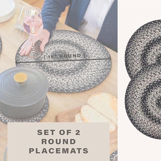 Homespice Flint Hill Round Braided Placemats, Warm Primitive Decor, Set of 2, 15", Grey Jute Table Mats - Vibrant Colors, Durable, Easy to Clean and Protects Furniture