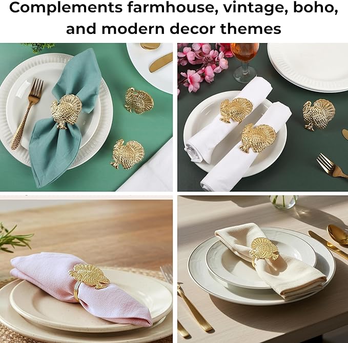 Napkin Rings Set of 12, Metal Napkin Holder Cuffs for Dinner Table Décor, Thanksgiving Turkey Bird Farmhouse Modern Serviette Rings for Christmas, Weddings, Receptions, Gold - CLEENTABLE